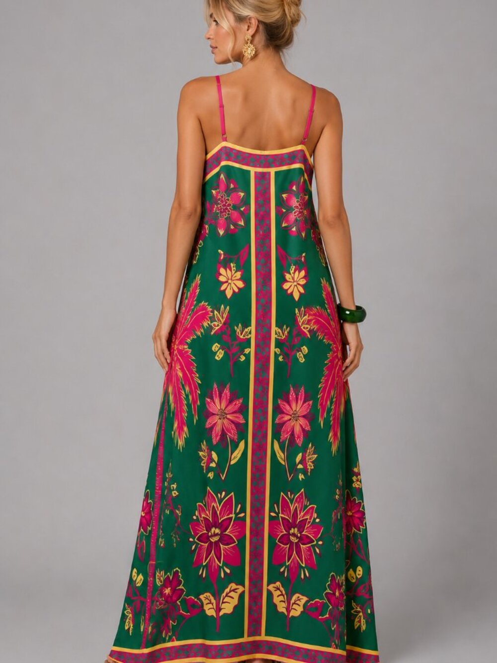 Women's Green Floral Boho Maxi Dress Spaghetti Strap Beach Vacation Sundress - Picture 2 of 5
